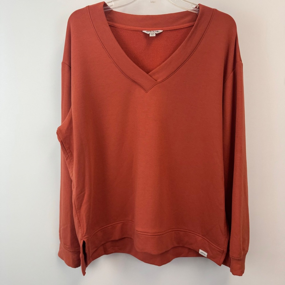 Orvis Classic Collection Womens V-Neck Sweatshirt Rust Orange Fleece Large